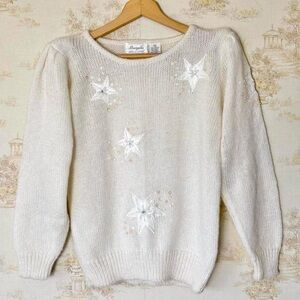 80s Vintage Celestial Star Appliqué Puff Sleeve Wool Sweater Cream White S